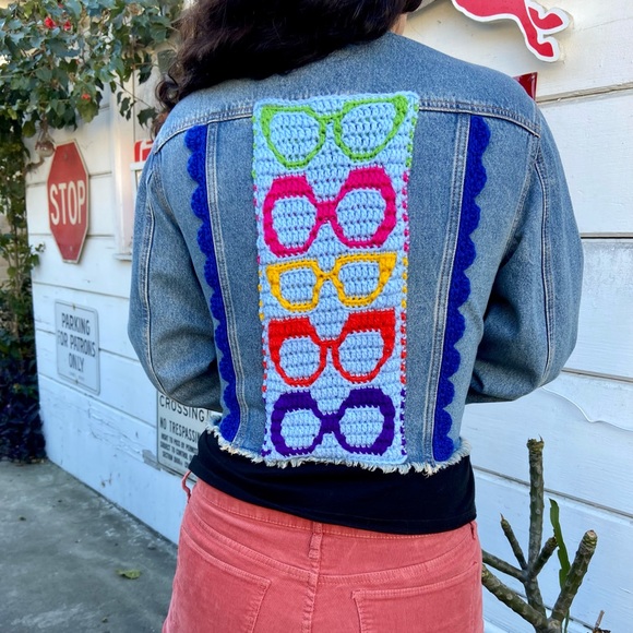 Victoria's Secret Jackets & Blazers - Jean Jacket with hand-crocheted retro glasses patch